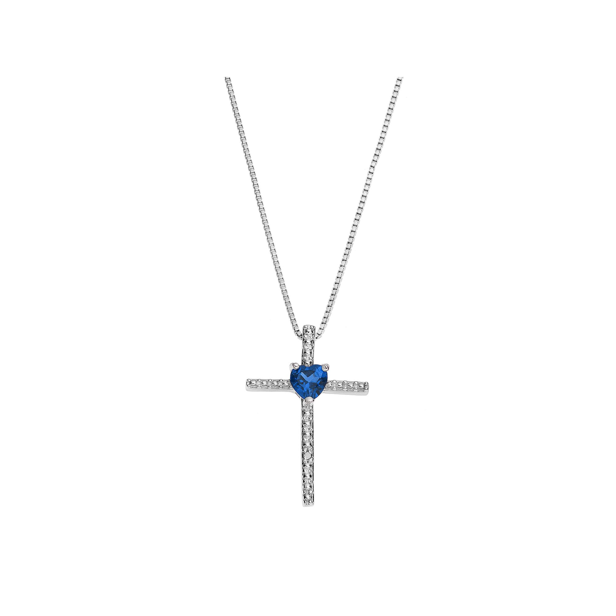 Gemminded Sterling Silver Lab-Created Sapphire Cross Pendant Necklace, Wom