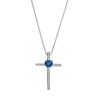 Gemminded Sterling Silver Lab-Created Sapphire Cross Pendant Necklace