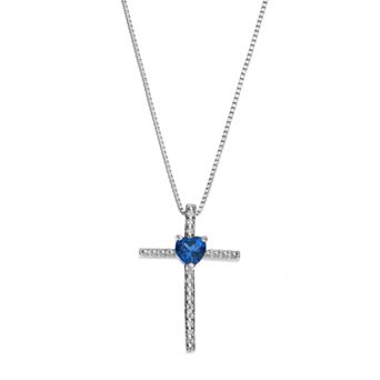 Gemminded Sterling Silver Lab-Created Sapphire Cross Pendant Necklace