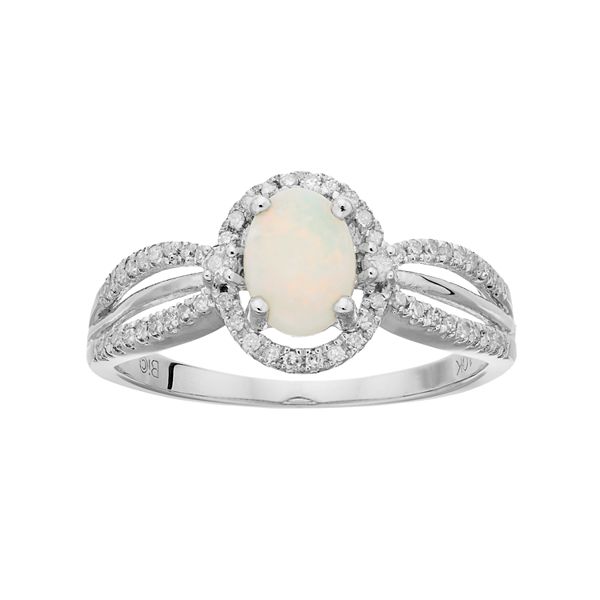 Gemminded 10k White Gold White Opal & 1/5 Carat T.W. Diamond Halo Ring