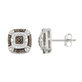Jewelexcess Sterling Silver 1/10 Carat T.W. Black & White Diamond Square Halo Stud Earrings