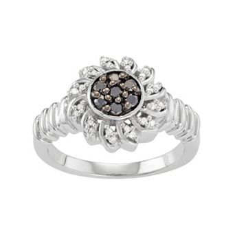 Jewelexcess Sterling Silver 1/4 Carat T.W. Black & White Diamond Flower Ring