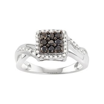 Jewelexcess Sterling Silver 1/2 Carat T.W. Black & White Diamond Square Halo Ring