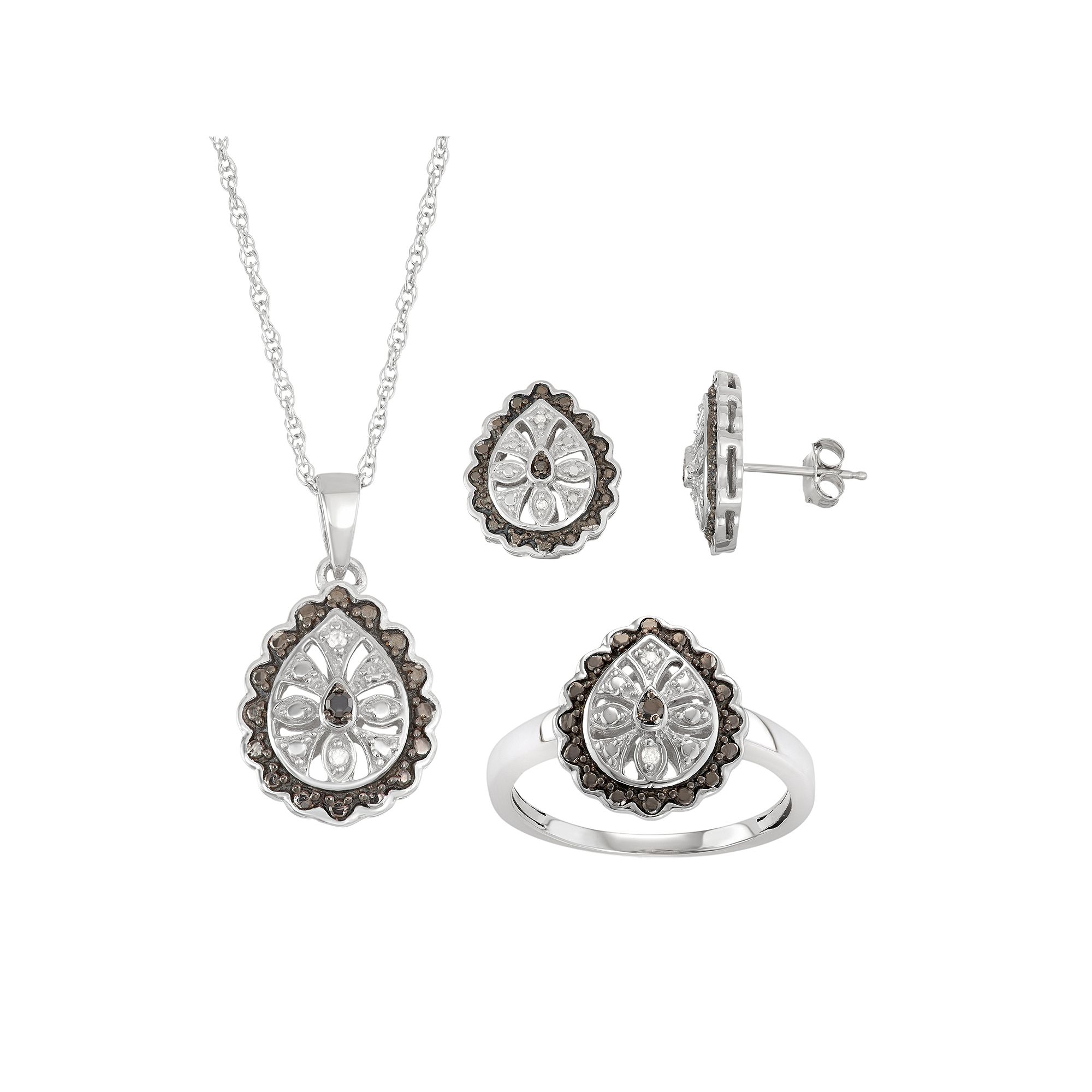Jewelexcess Sterling Silver 1/10 Carat T.W. Black & White Diamond Flower Te