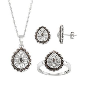 Jewelexcess Sterling Silver 1/10 Carat T.W. Black & White Diamond Flower Teardrop Jewelry Set