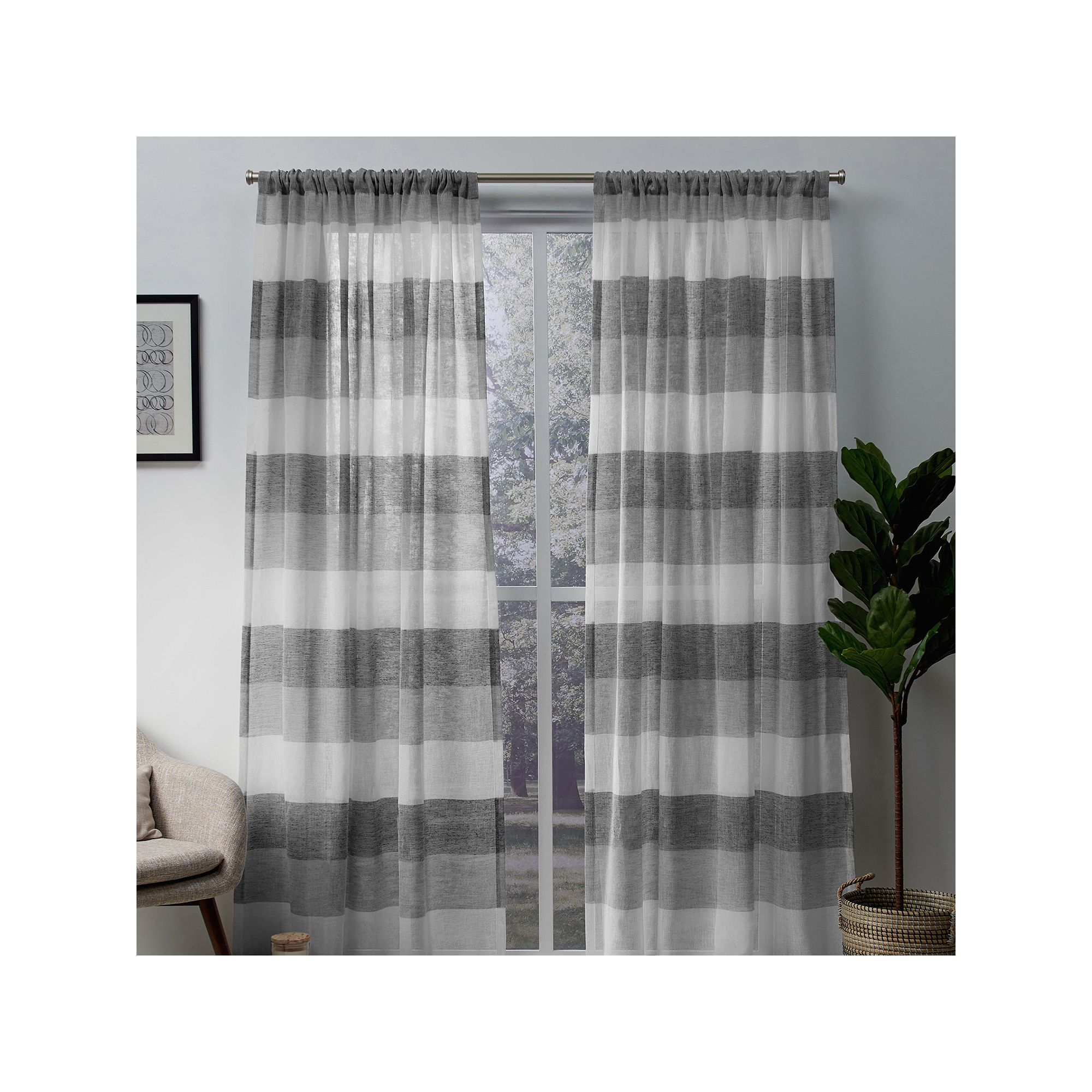 Exclusive Home 2-pack Bern Stripe Sheer Rod Pocket Window Curtains, Ash Gra