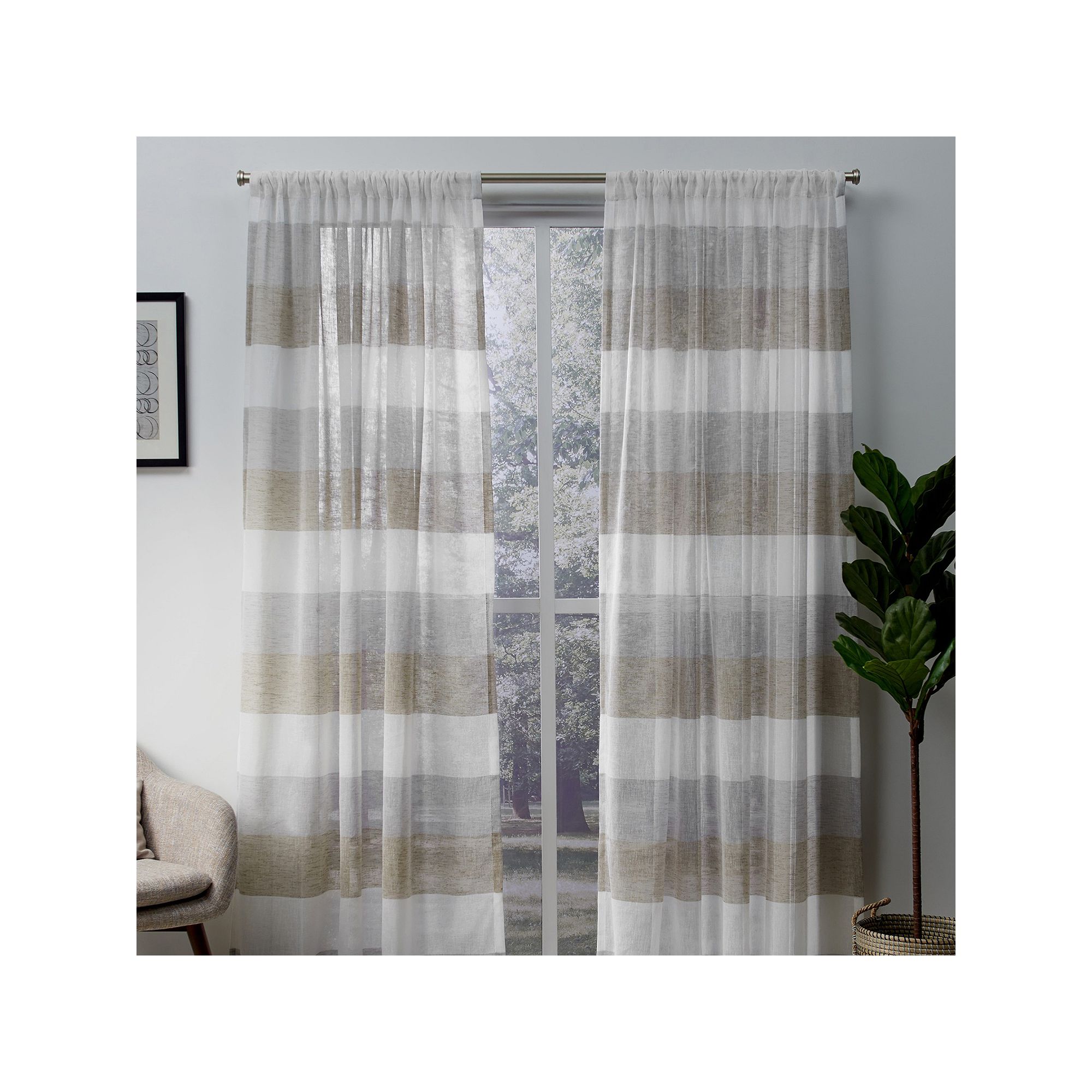 Exclusive Home 2-pack Bern Stripe Sheer Rod Pocket Window Curtains, Cafe