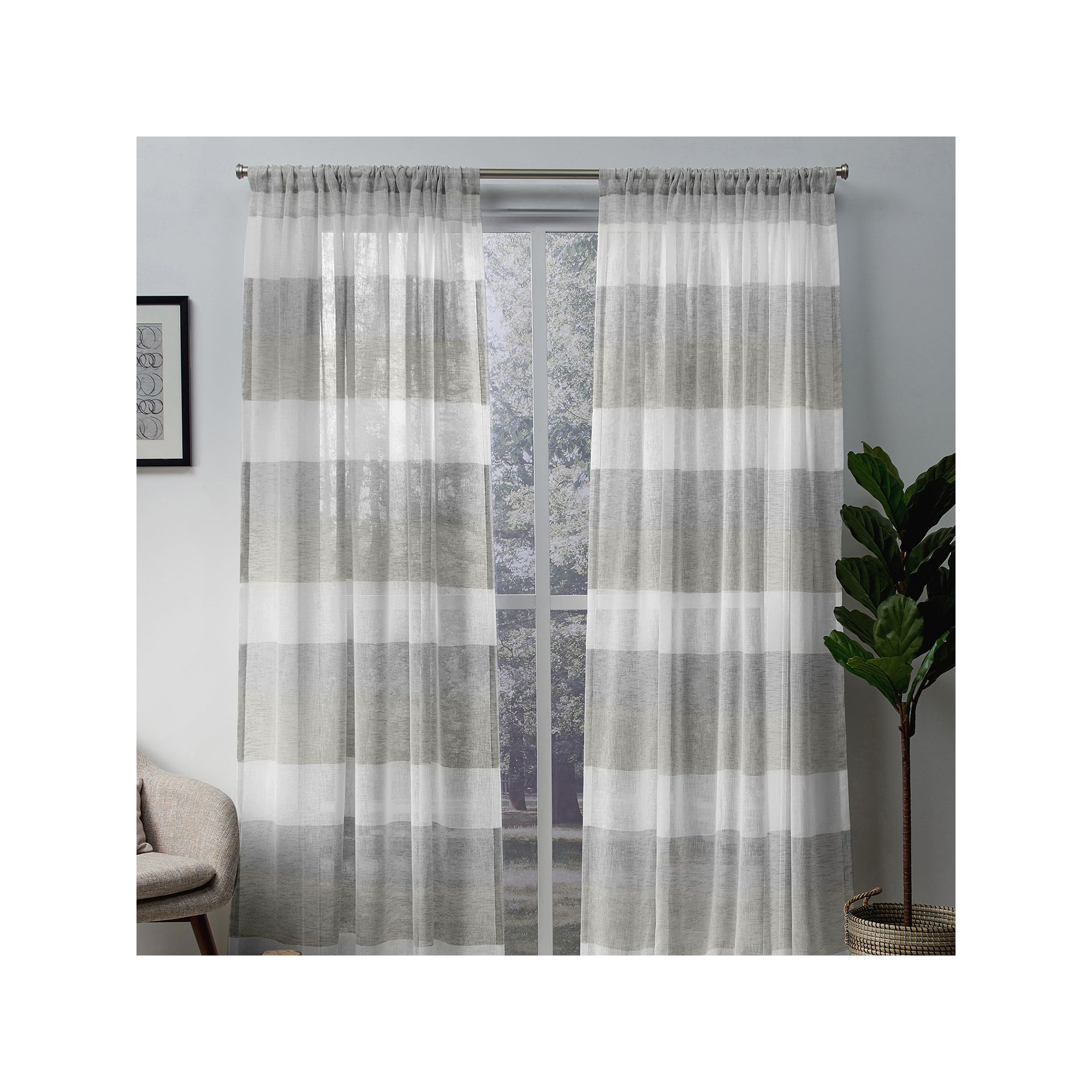 Exclusive Home 2-pack Bern Stripe Sheer Rod Pocket Window Curtains, Dove Gr