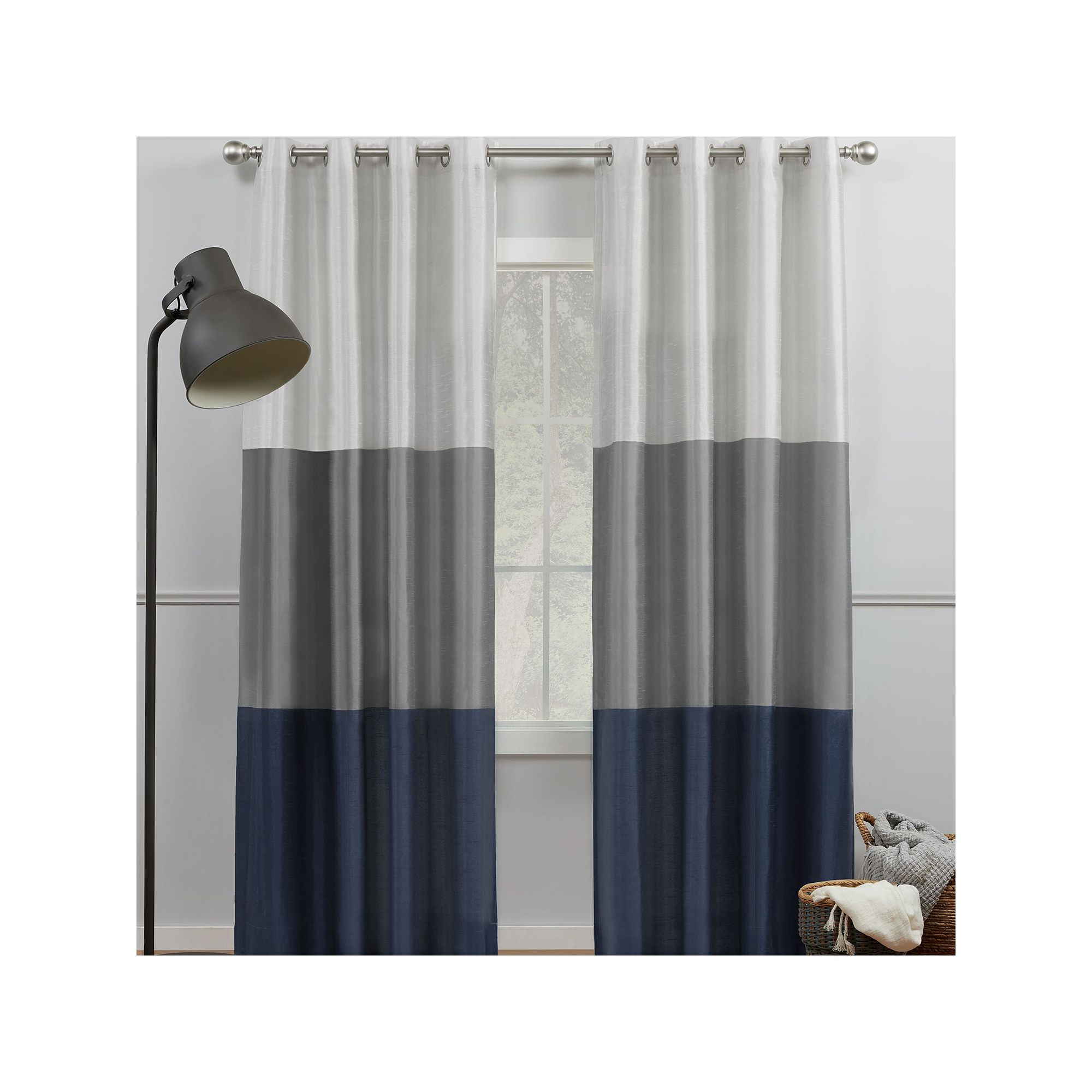 Exclusive Home 2-pack Chateau Striped Faux Silk Window Curtain Set, Navy Gr