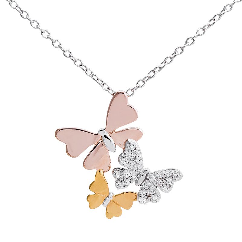 Hallmark Tri-Tone Sterling Silver Cubic Zirconia Butterfly Pendant, Women