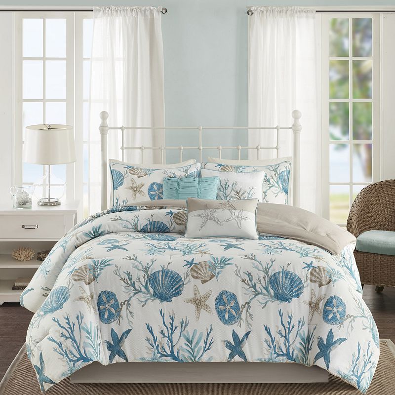 Madison Park 7pcs Cotton Sateen Queen Comforter Set with Bed Skirt and Decor Pillows  Shells Starfish Coastal Printed Bedding Set  Aqua