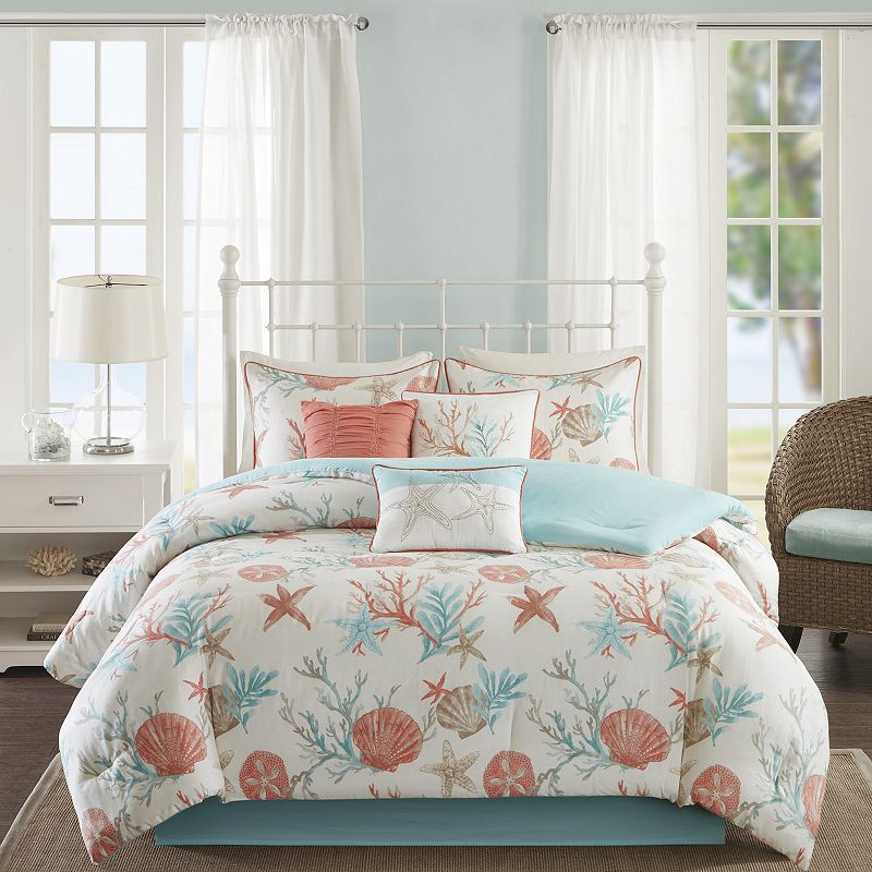 Madison Park 7pcs Cotton Sateen King Comforter Set with Bed Skirt and Decor Pillows  Shells Starfish Coastal Printed Bedding Set  Coral