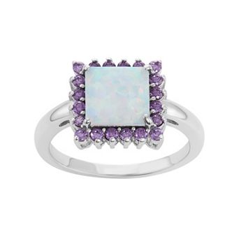 Sterling Silver Lab-Created Opal & Cubic Zirconia Square Halo Pendant Ring