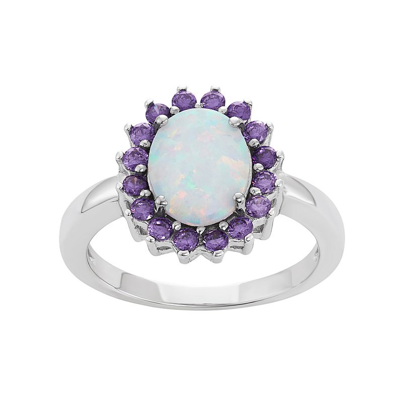Sterling Silver Lab-Created Opal & Cubic Zirconia Oval Halo Ring, Womens, 
