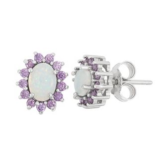 Sterling Silver Lab-Created Opal & Cubic Zirconia Oval Halo Stud Earrings