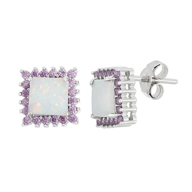 Sterling Silver Lab-Created Opal & Cubic Zirconia Square Halo Stud Earrings