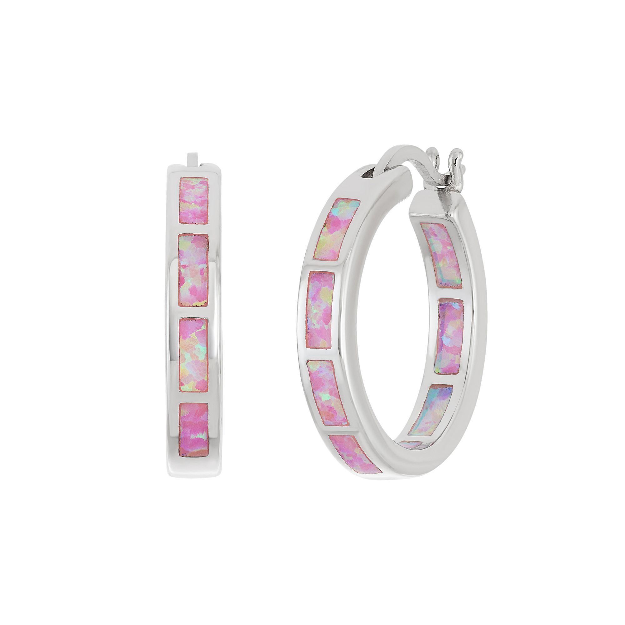 Sterling Silver Lab-Created Pink Opal Inside-Out Hoop Earrings, Womens