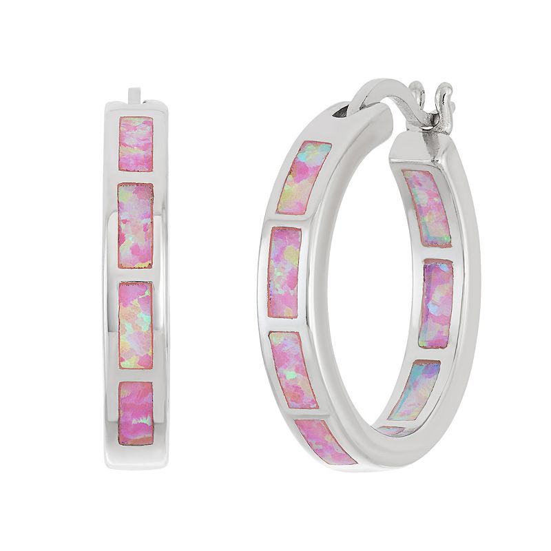 Sterling Silver Lab-Created Pink Opal Inside-Out Hoop Earrings, Womens