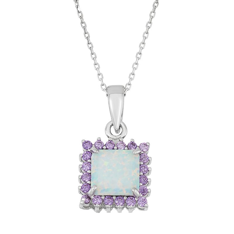 Sterling Silver Lab-Created Opal & Cubic Zirconia Square Halo Pendant, Wom