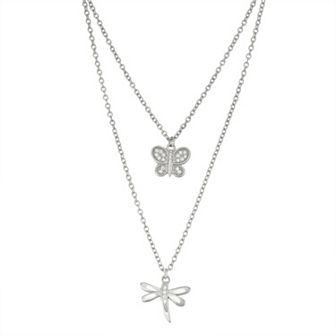 Sterling Silver Cubic Zirconia Butterfly & Dragonfly Layered Necklace