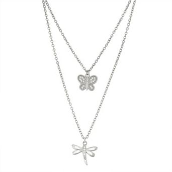 Sterling Silver Cubic Zirconia Butterfly & Dragonfly Layered Necklace