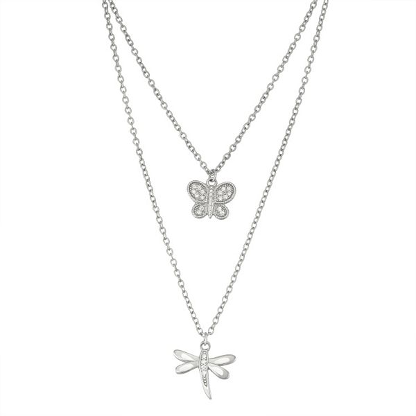 Download Sterling Silver Cubic Zirconia Butterfly Dragonfly Layered Necklace