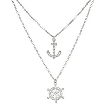 Sterling Silver Cubic Zirconia Anchor & Helm Layered Necklace