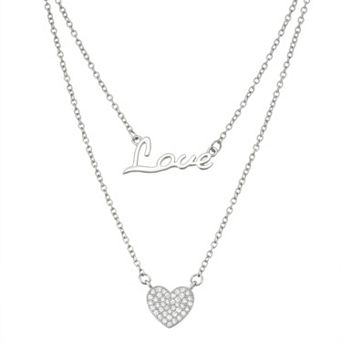 Sterling Silver Cubic Zirconia "Love" & Heart Layered Necklace