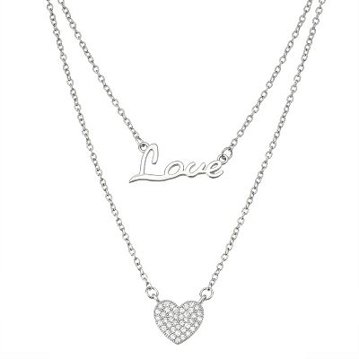 Sterling Silver Cubic Zirconia Love Heart Layered Necklace