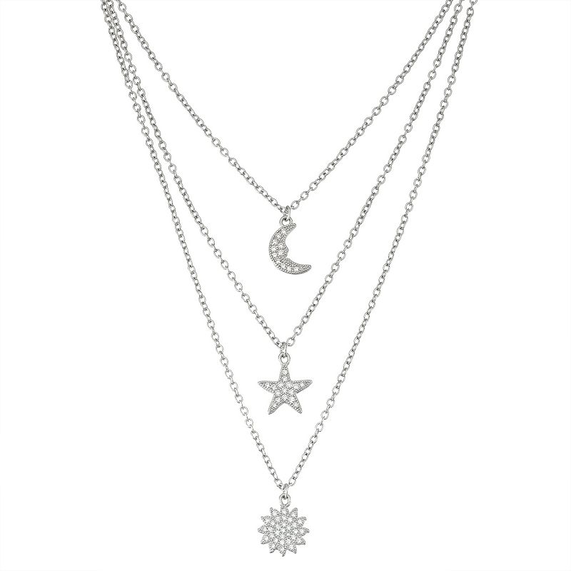 Sterling Silver Cubic Zirconia Sun, Star & Moon Layered Necklace, Womens,