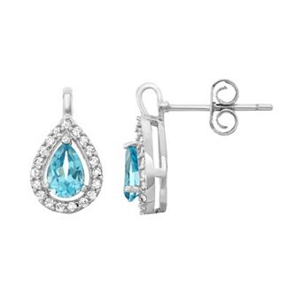 Sterling Silver Blue & White Topaz Teardrop Halo Stud Earrings