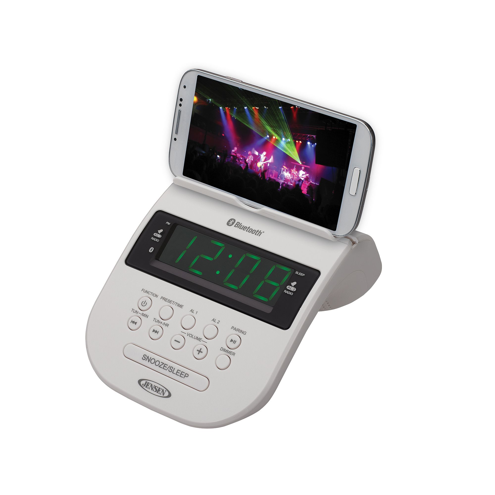 Jensen Bluetooth Clock Radio with Smartphone Holder, White