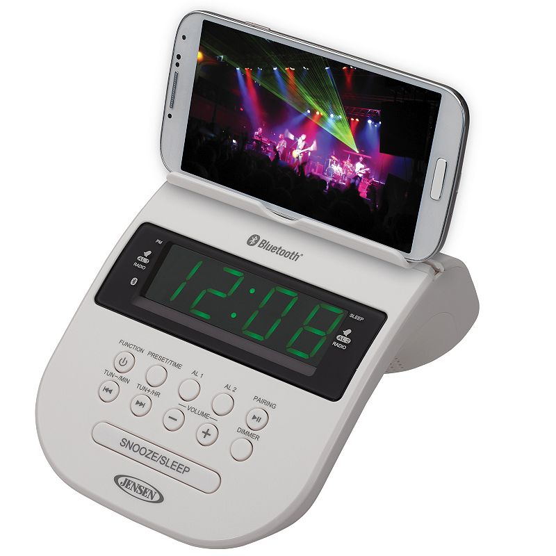Jensen Bluetooth Clock Radio with Smartphone Holder, White