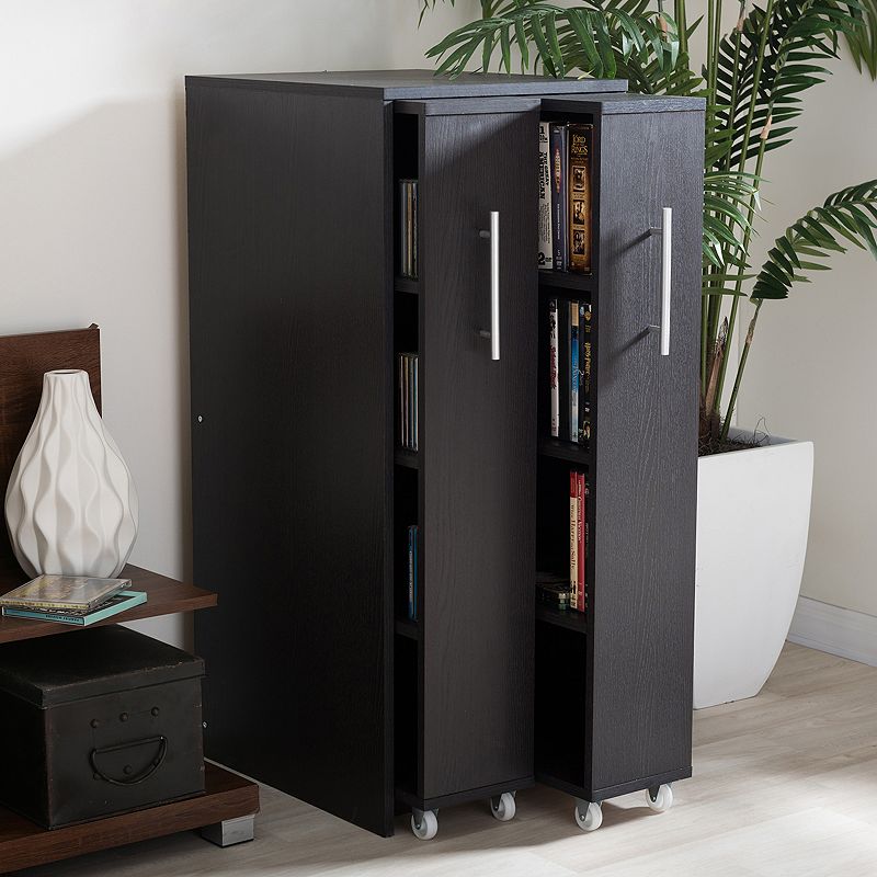 Baxton Studio Lindo Bookcase and Dual Pull-Out Shelving Cabinet, Dark Brown