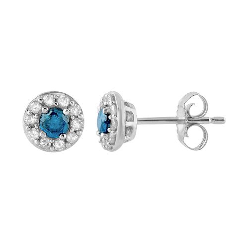10k White Gold 1/3 Carat T.W. Blue & White Diamond Halo Stud Earrings