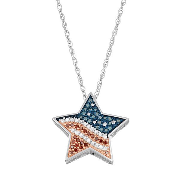 Sterling Silver 1/5 Carat T.W. Red, White & Blue Diamond Star Pendant  Necklace