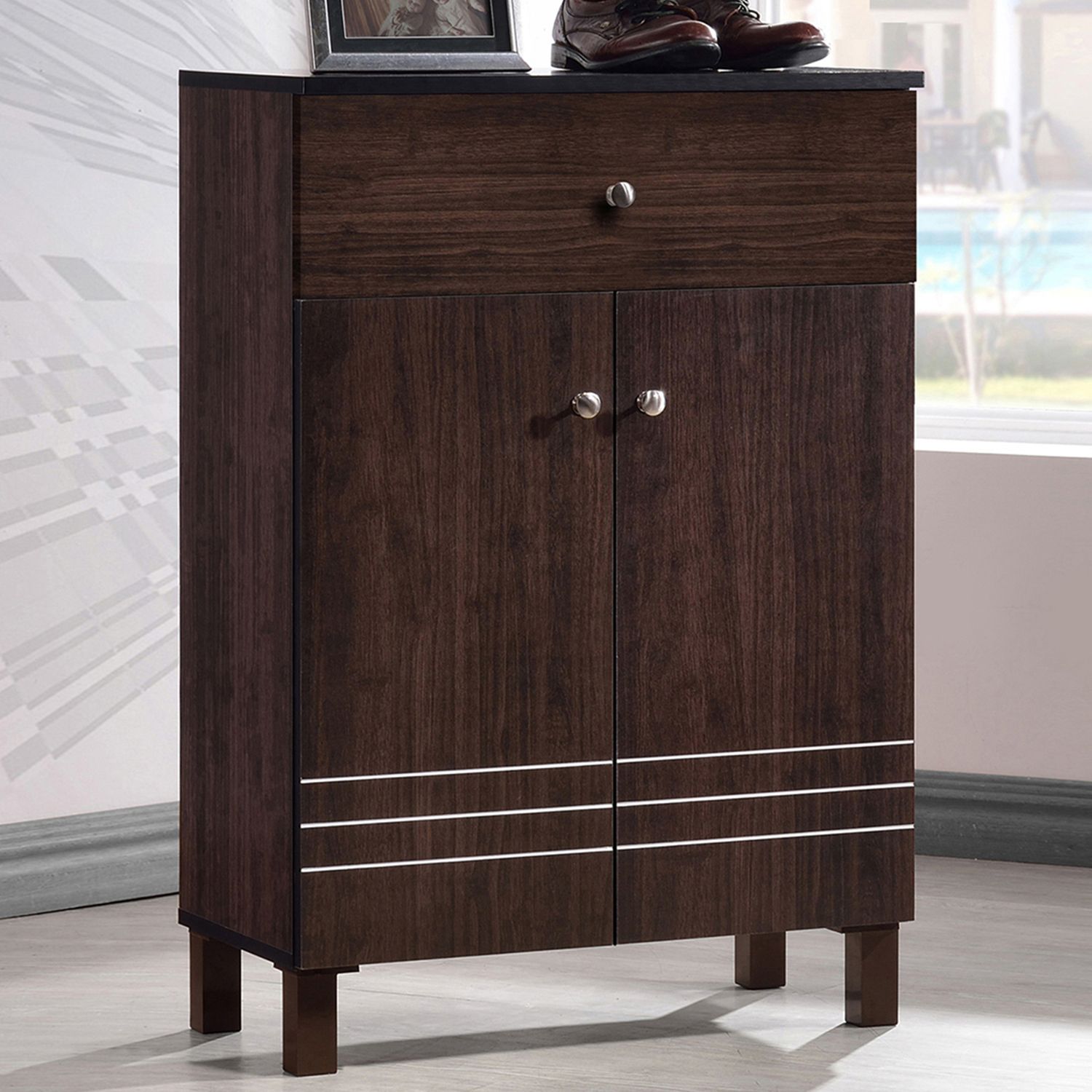 Capet Walnut Narrow Shoe Storage Cabinet with Flip Down Large