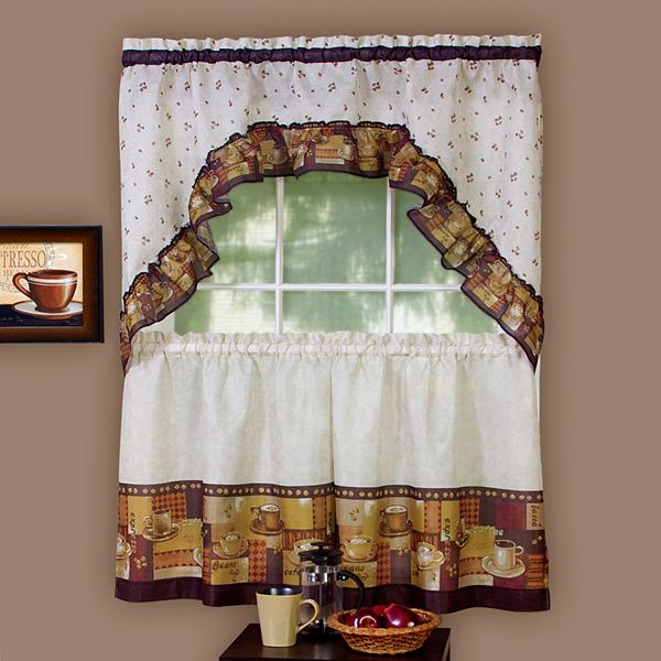 Coffee 3 Pc Swag Tier Kitchen Curtain Set, Curtain For Kitchen