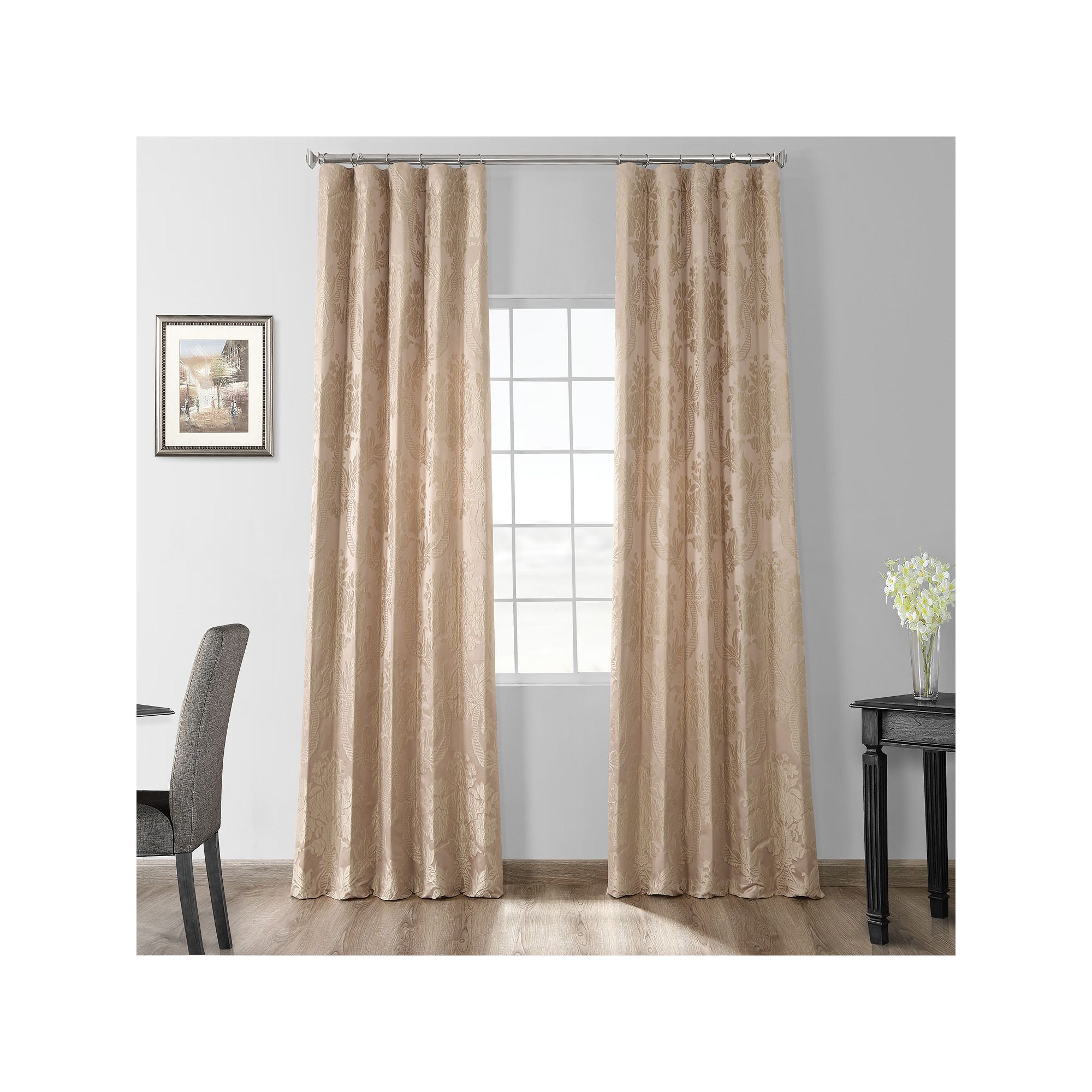 EFF 1-Panel Magdelena Faux Silk Jacquard Window Curtain, Beige Gold