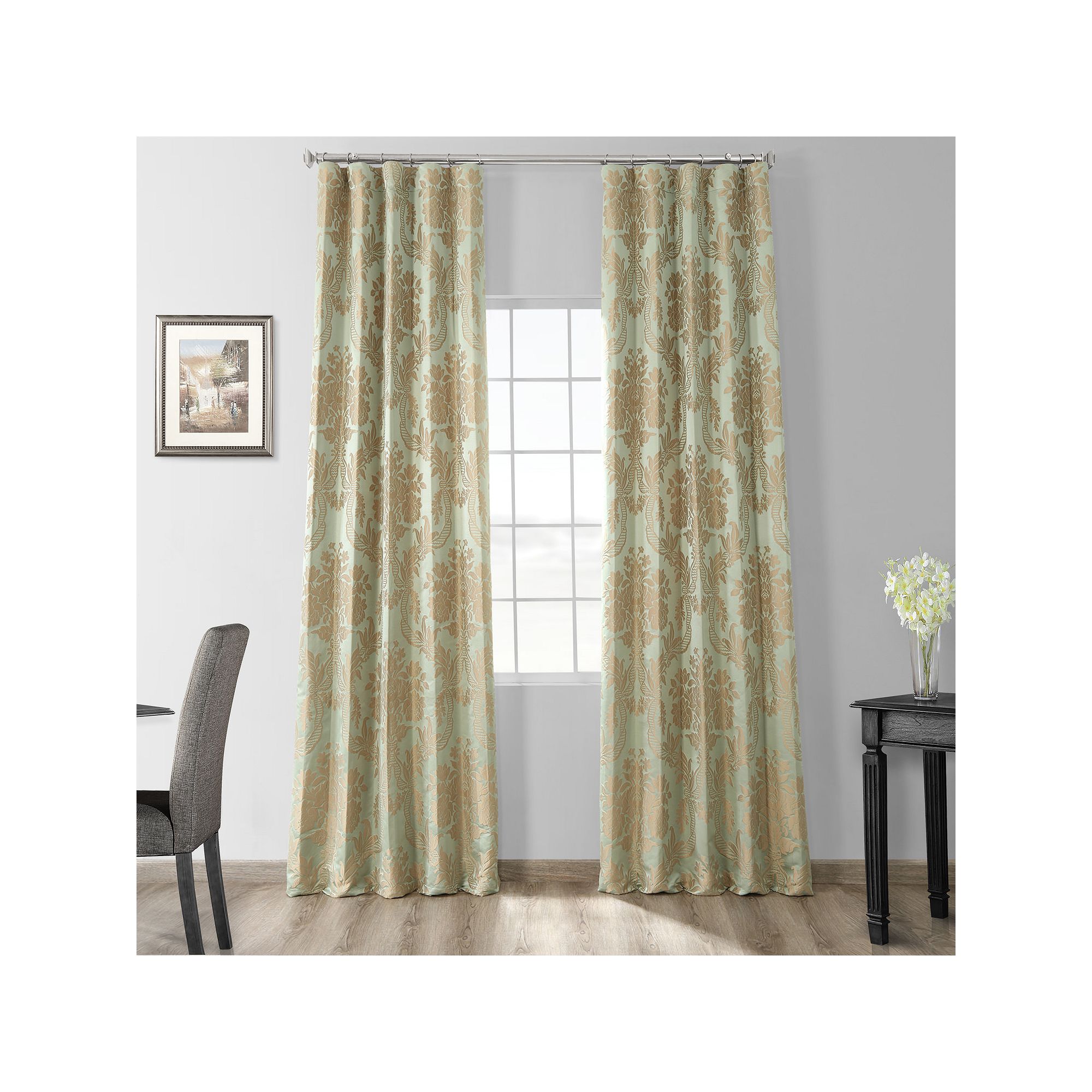EFF 1-Panel Magdelena Faux Silk Jacquard Window Curtain, Jade Gold