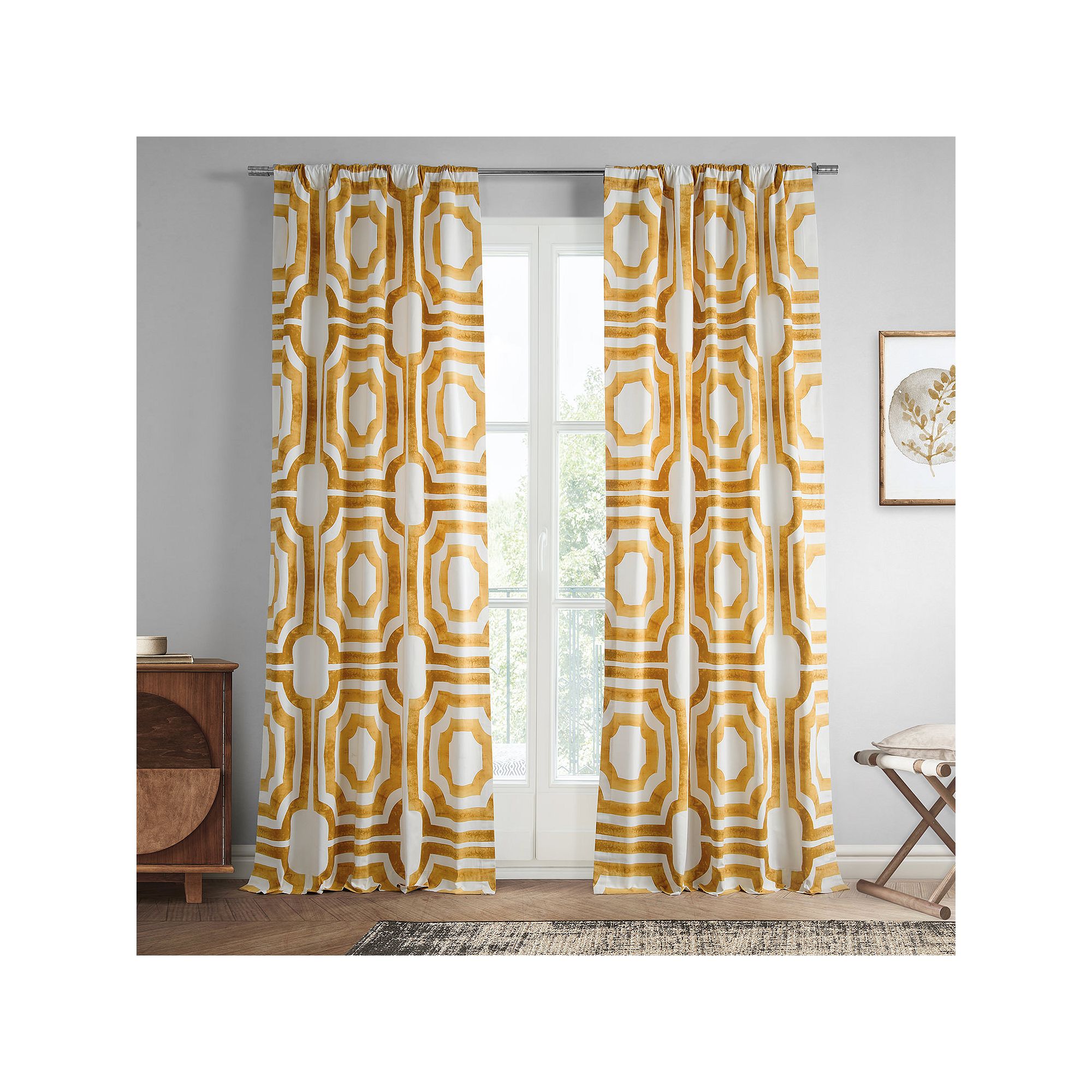 EFF Geometric Print Cotton Room Darkening Curtain Panel, Gold