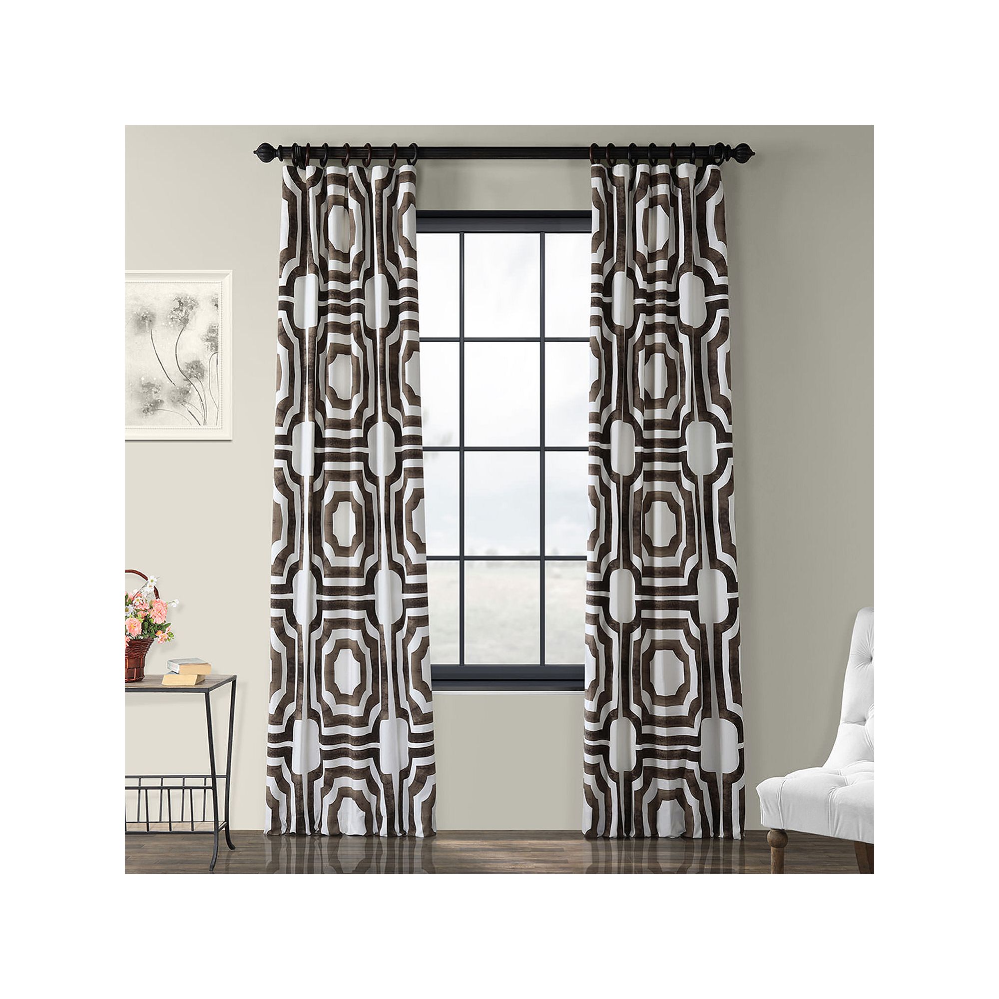 EFF Geometric Print Cotton Room Darkening Curtain Panel, Mecca Brown