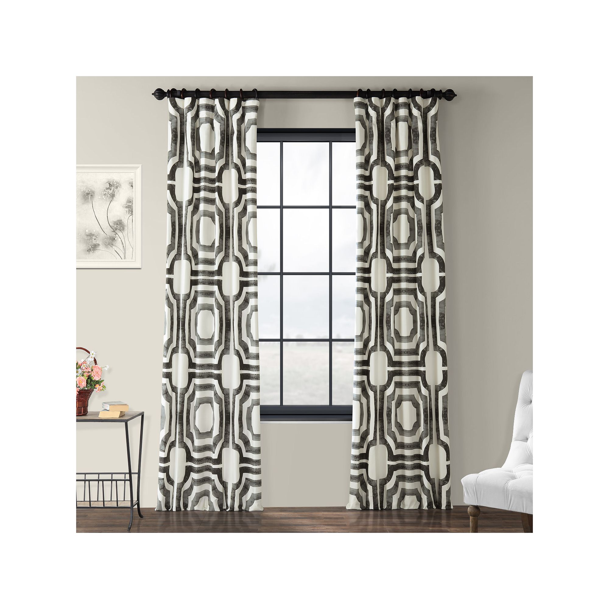 EFF Geometric Print Cotton Room Darkening Curtain Panel, Silver
