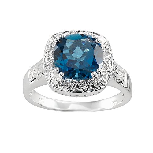 Sterling Silver London Blue Topaz & Diamond Accent Square Halo Ring