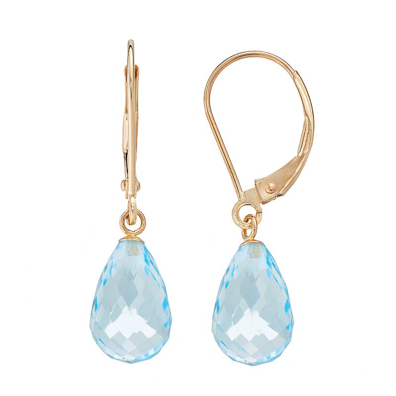 14k Gold Blue Topaz Briolette Drop Earrings, Womens