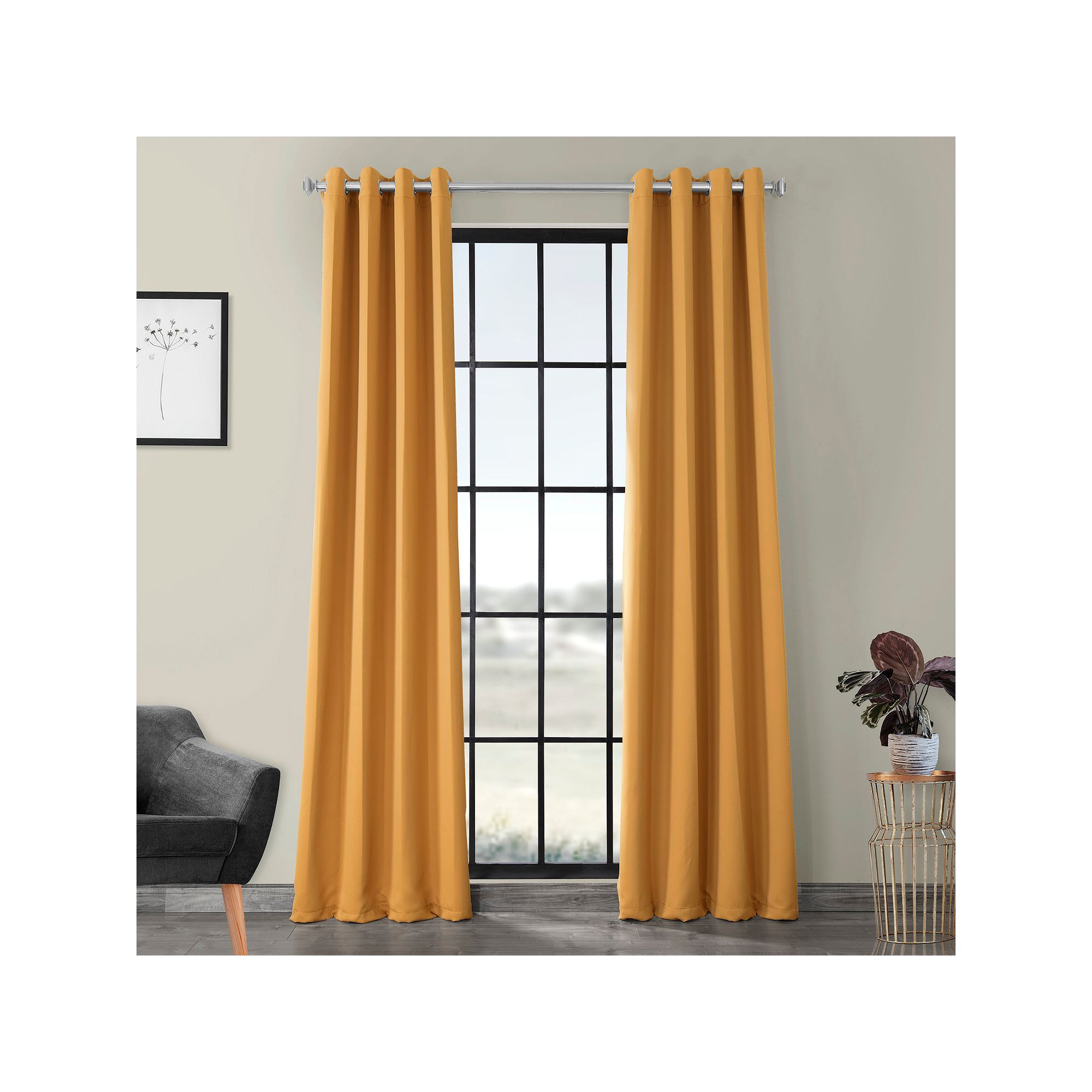EFF Solid Blackout Grommet Set of 2 Window Curtains, Marigold