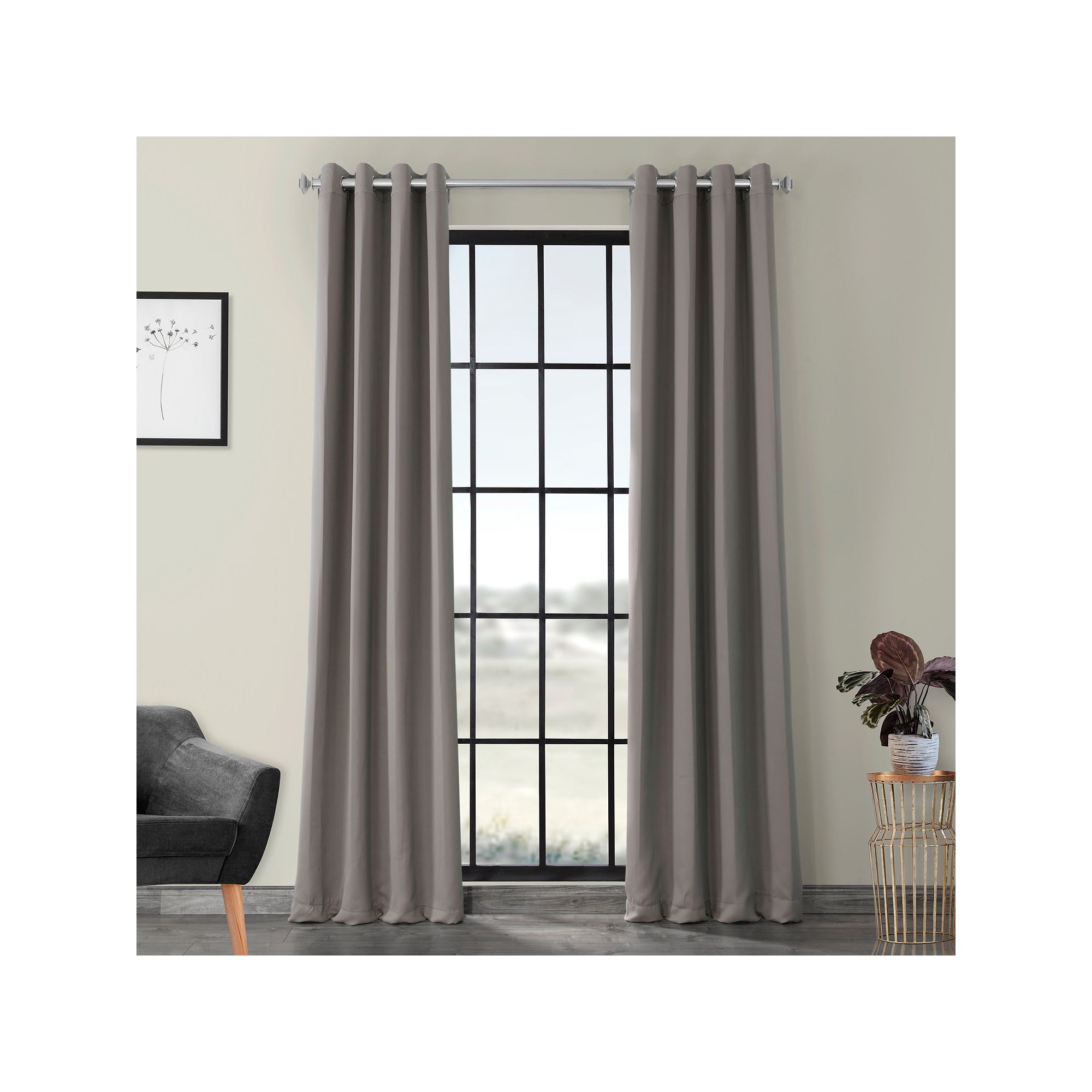 EFF Solid Blackout Grommet Set of 2 Window Curtains, Natural Gray