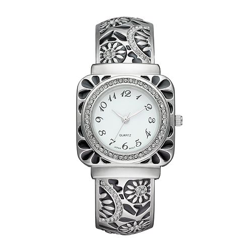 Vivani Women's Crystal Floral Engraved Cuff Watch