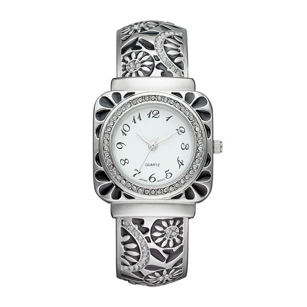 Vivani Women s Crystal Floral Engraved Cuff Watch