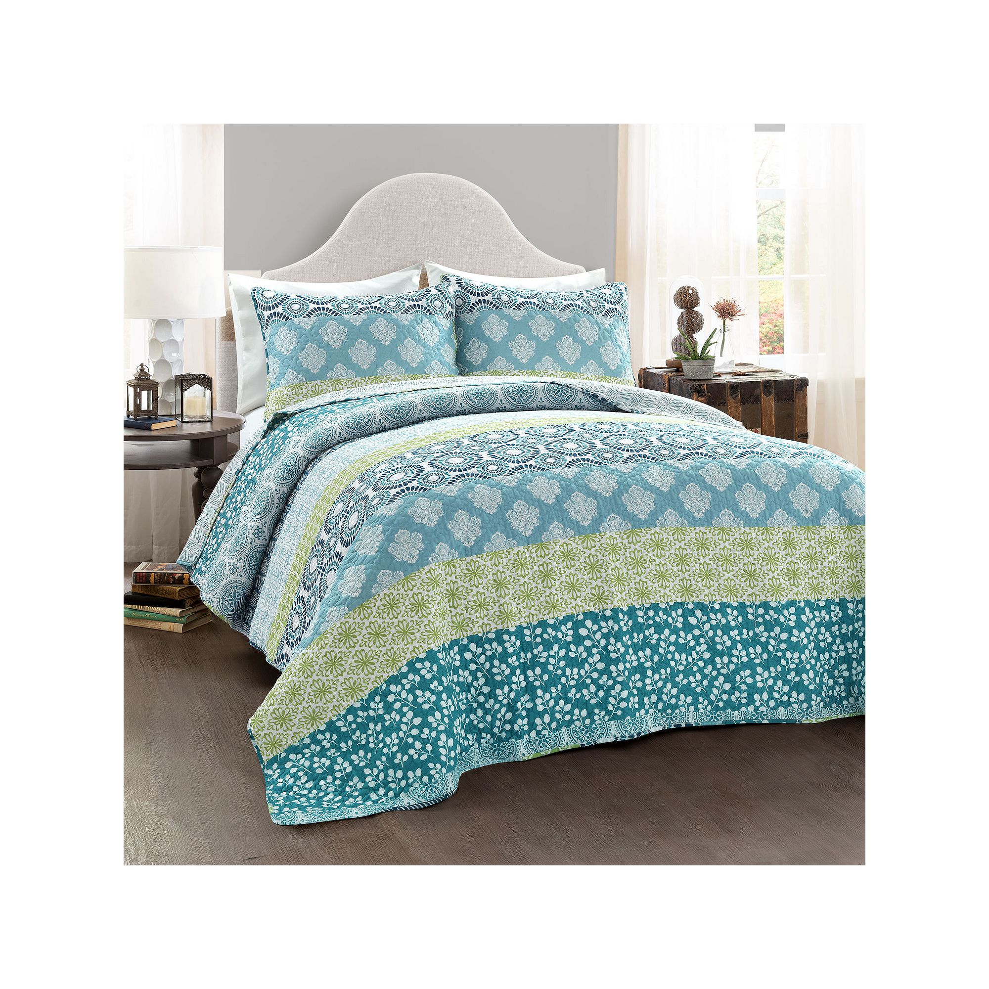 Lush Decor Bohemian Stripe Quilt Set, Blue Green